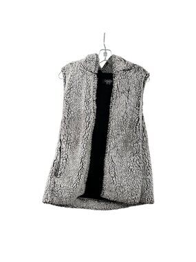 Coffee Shop Womens Sherpa Vest Open Front Hooded White/Black Pockets Medium